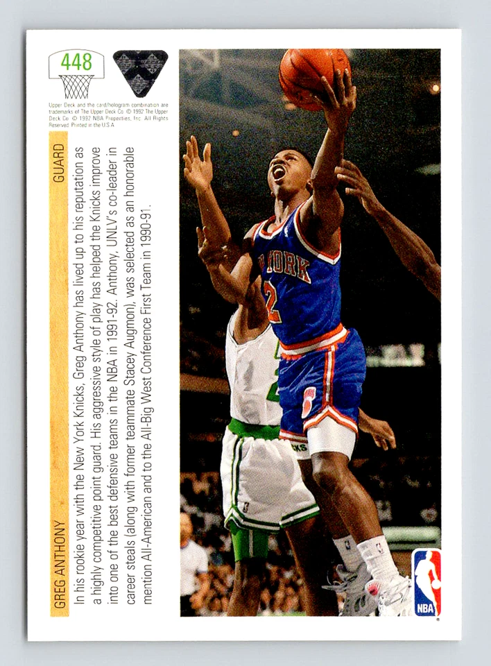 1992 Upper Deck Card, #448 Greg Anthony, New York Knicks, Top Prospects Rookie - Image 2 of 3