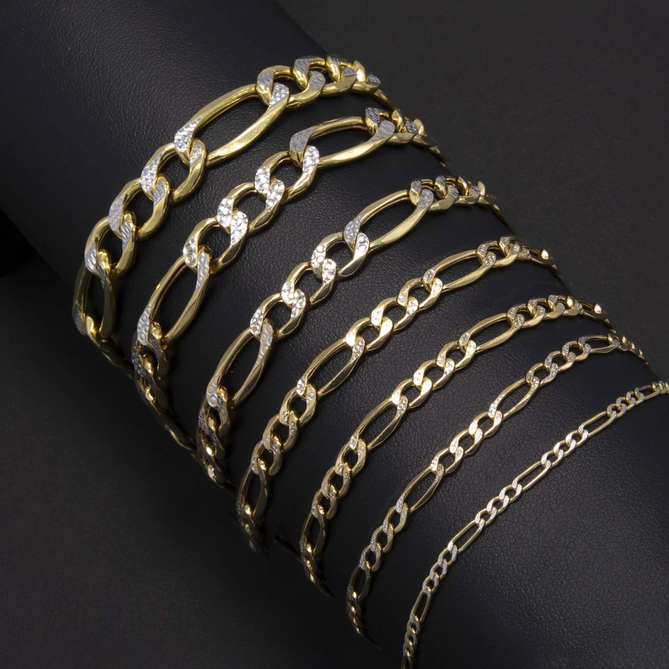 10K Yellow White Gold Diamond-Cut Figaro Link Chain Bracelet All Sizes - Image 3 of 4