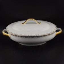 Covered Oval Serving Dish 9" - WM Guerin - Gold Trim with blue, gold, and flower