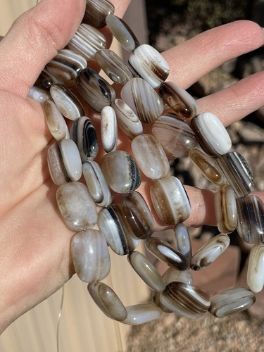Natural Coffee & Cream Striped Agate Pillow Beads, 13x18mm, 16" String - Picture 4 of 4
