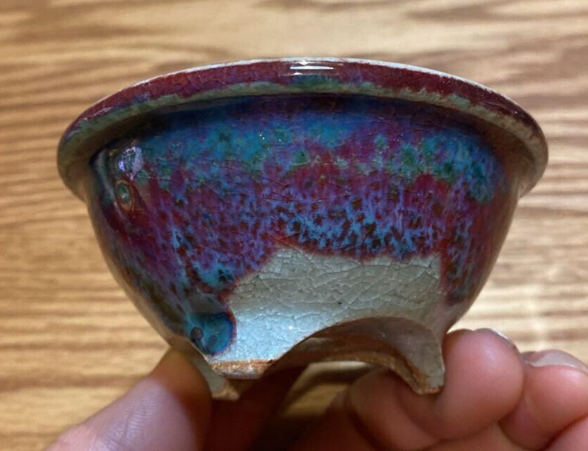 Japanese bonsai pot TETSUZAN YAMAOKA signed AGANOYAKI KAWARA ware glazed φ3.5" IDEAL IJL