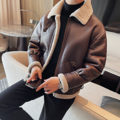 Mens Winter Warm Jackets Faux Leather Collar Fleece Jackets