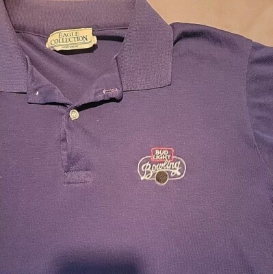 Vintage 80's Mens SMALL Bud Light Beer Bowling Logo Polo Shirt Blue Made In USA 