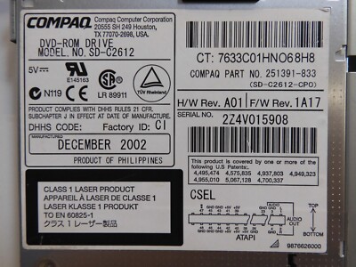 COMPAQ 8X DVD / 8X 8X 24X IDE CDRW SLIM COMBO DRIVE.