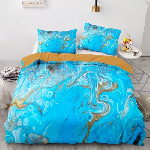 Blue Ocean Waves Marble Print Marbling Abstract Pattern Duvet Quilt Cover Set - Picture 14 of 19