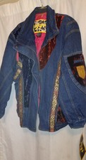 New Vintage Izzi Womens Puffy Retro Denim Jean Jacket Coat Multicolored Boho L