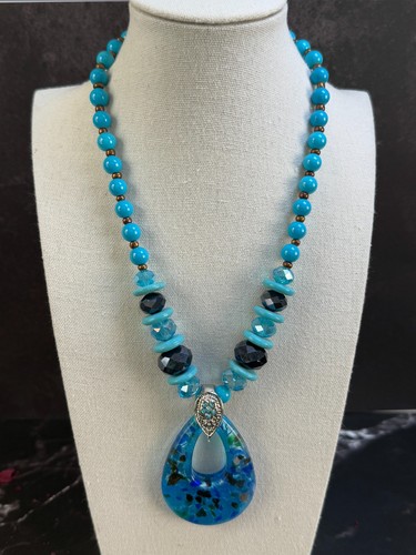 Chunky Statement Blue Beaded Necklace W/Large Teardrop Pendant 22" ~ 889