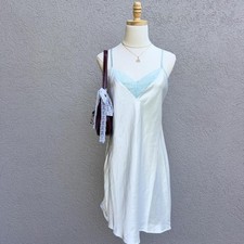 Lilac  London White Satin Slip Dress Lingerie Nightgown w/ Blue Lace XS