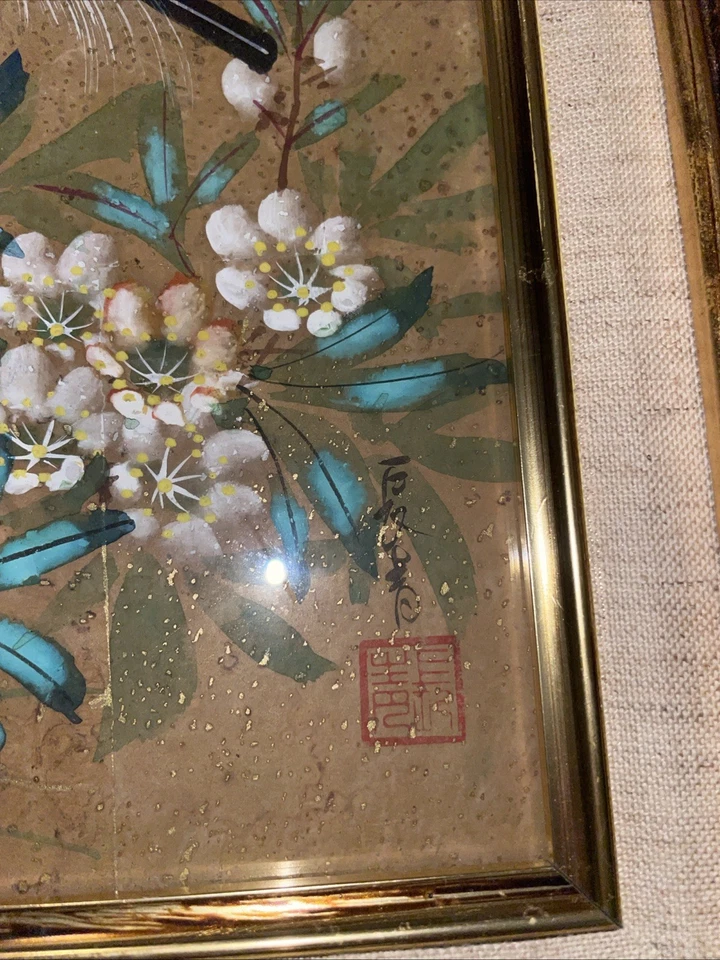 Pintura Acuarela Japonesa Vintage Pájaro y Flor Firmada 12x14 •USADA EN EXCELENTE ESTADO• Foto 3 de 4