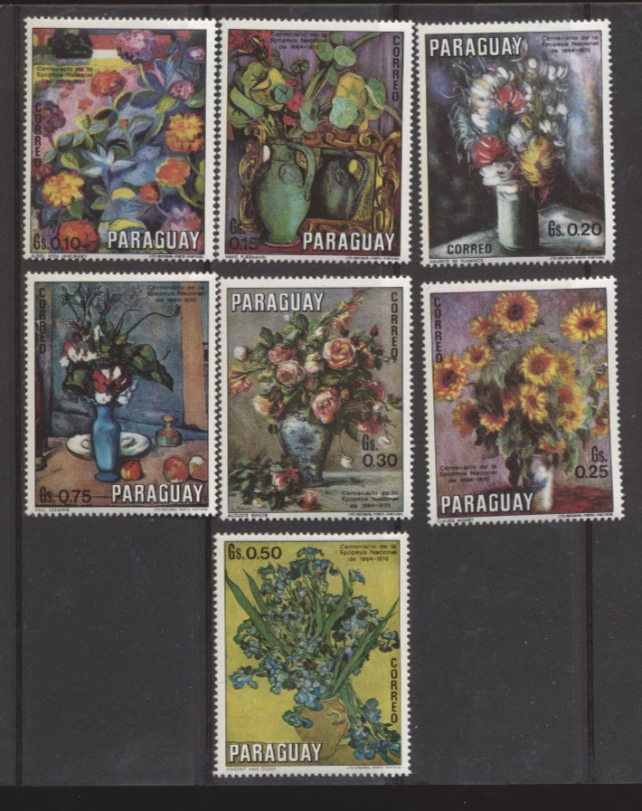 FLOWERS - Paraguay 1970 Mint  NH Set of 7 Different Flower Paintings on stamps