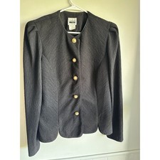 Vintage Leslie Fay Peplum Blazer Jacket Made in USA Pearl Gold Buttons Black 12