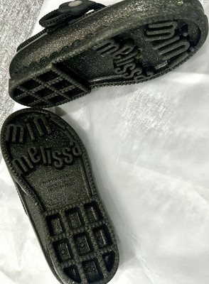 Mini Melissa Girls Black Glitter Mary Jane Shoes Flower Accent Button Closure