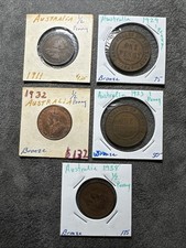 1911, 29, 32, 33, 38 Australia One Half & Penny 5 Coin Lot. In Bronze. No Mag.