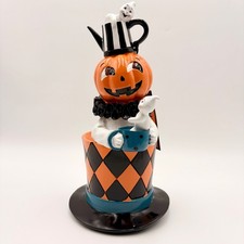 Ghoulish Halloween Pumpkin Ghost in Top Hat Figurine Decor NEW Whimsical Whimsy