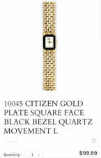 Vintage 10045 CITIZEN GOLD PLATE SQUARE FACE BLACK BEZEL QUARTZ MOVEMENT Womans