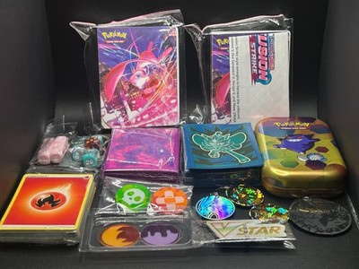 17 Pc Lot Pokemon TCG Fusion Strike Empty ETB w/ Dice Tin Sleeves Coins + More!