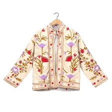 Cream Ivory Floral Embroidered Boho Jacket  Suzani Folk Art Floral Coat Women 