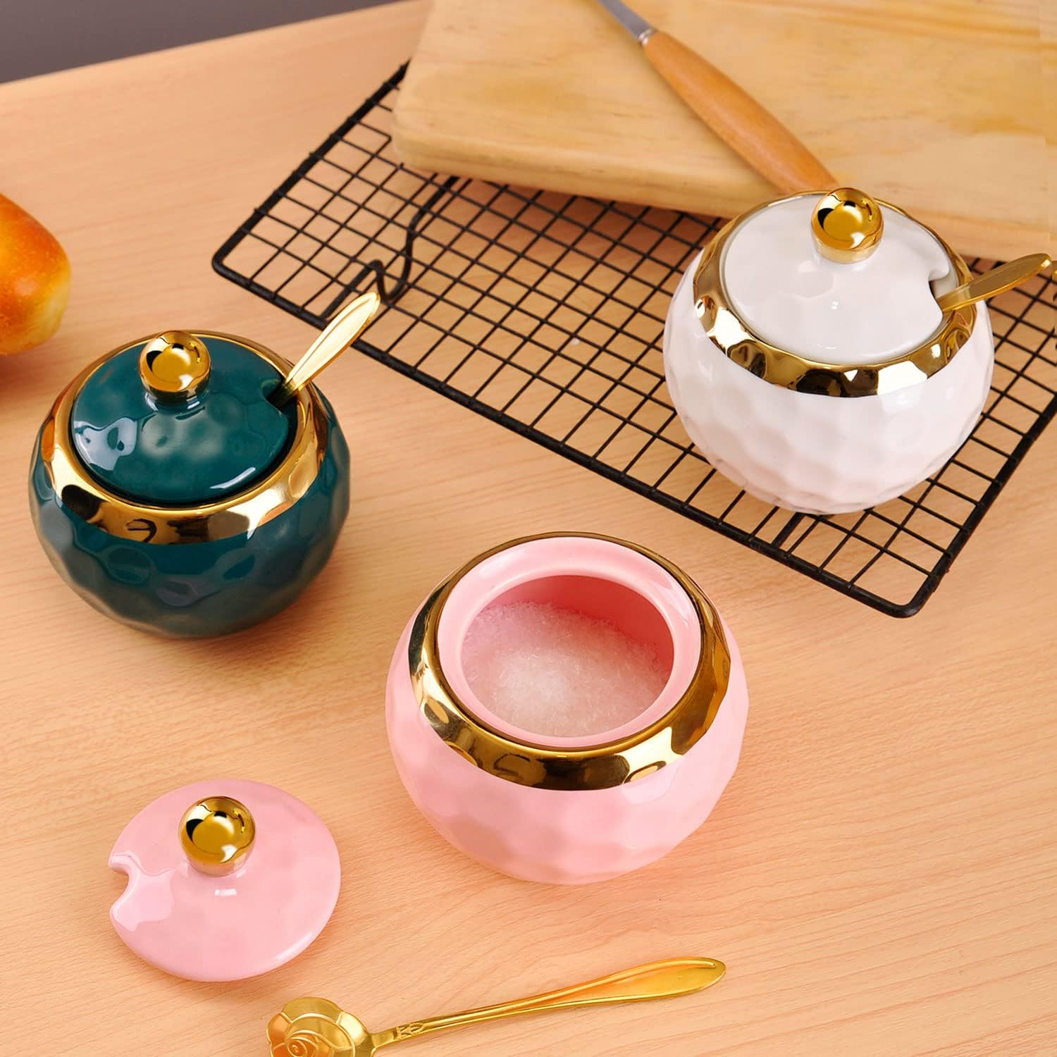 WHJY Ceramic Sugar Bowl with Lid and Spoon, Golf Design Porcelain Salt Bowl Salt