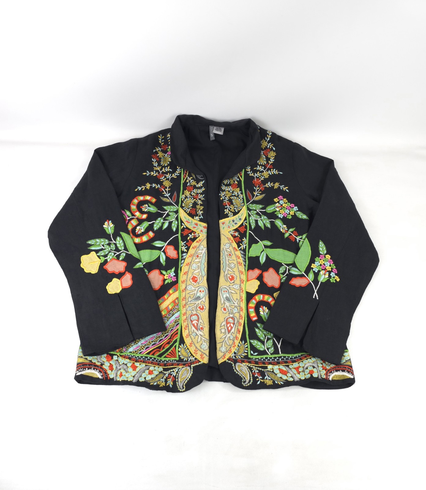 Anu Size Small Black Embroidered Linen Jacket Open Front Colorful Boho