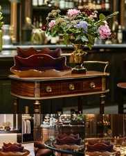 VTG Mahogany Wood Butler Serving Tray Valet Stand Cutout Handle Scallop Pedestal