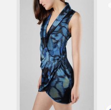 Black Halo Blue Abstract Print Silk Dress Short Sleeveless Deep V-neck Women's 4