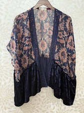 Jolt Women’s M Boho Hippie Paisley Print Blue Velvet Open Front Cardigan Top