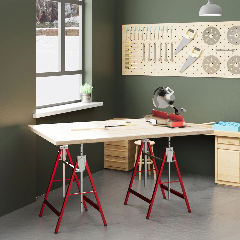 HOMCOM Set Of 2 Steel Saw Horses Telescopic Builders Work Bench Folding Red - Image 2 of 4