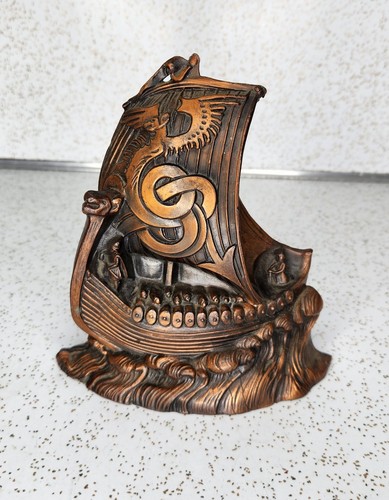 One VTG Metal Norse Viking Dragon Drakkar Ship Bronze Longship Bookend - 第 1/7 張圖片