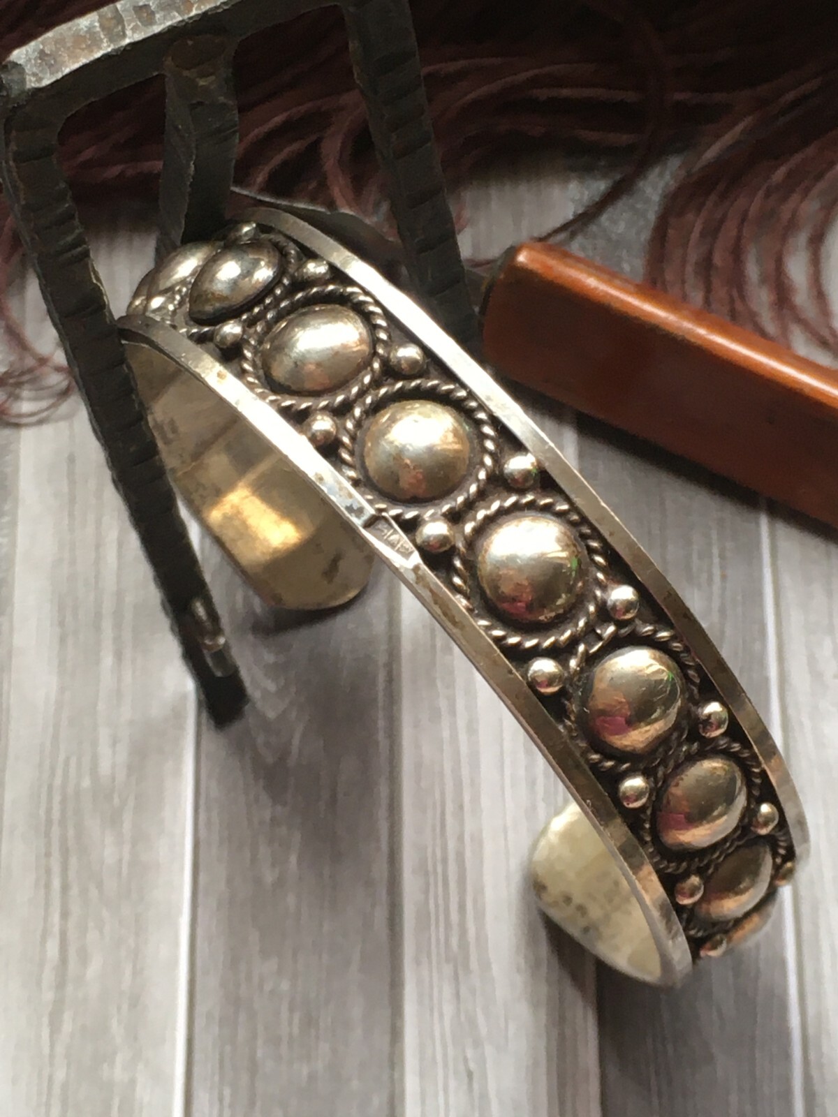 Vintage Egyptian Solid Silver Cuff Bangle Bracelet - image 1