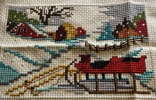 Finished Completed Cross Stitch Sleigh Barn Trees Unframed Needlework