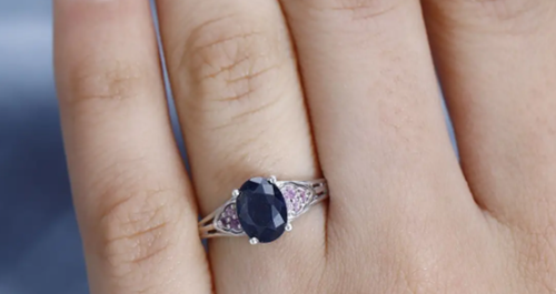 MIDNIGHT SAPPHIRE & PINK SAPPHIRE RING In PLATINUM Ov STERLING SILVER, SIZE 6 - Picture 3 of 10