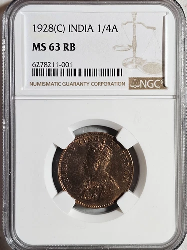 India 1/4 Anna 1928C NGC MS 63 RB