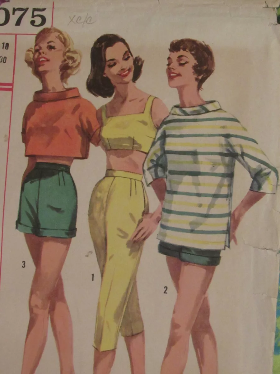 VTG 50s SIMPLICITY 2075 Teen MS Capri Pants/Shorts Shirts & Bra PATTERN  10/30B