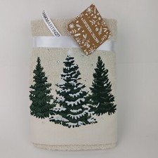 Set of 2 Arctic Holiday Christmas Trees Embroidered Bathroom Hand Towels Beige
