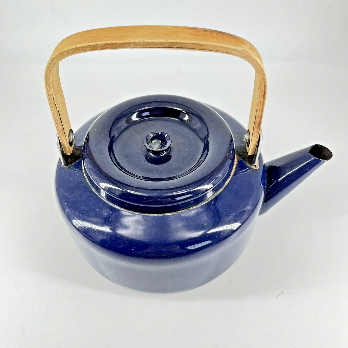 Enamel Tea Kettle Coffee Pot Teak Wood Wooden Handle Cobalt Blue