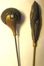 Lot of 2 Brass-tone Victorian Hat Pins with Similar Designs