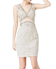 JVN by JOVANI ~ Beige Beaded Lace V-Neck Illusion Sheath Party Dress 0 NEW $378