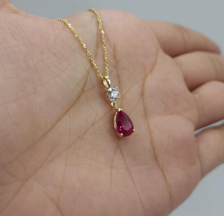 14Kt Gold Created Ruby Teardrop & Lab Grown Diamond Pendant eBay