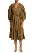 Ulla Johnson Women Joyce Olive Green Puff Sleeve Belted Midi Dress Size 4