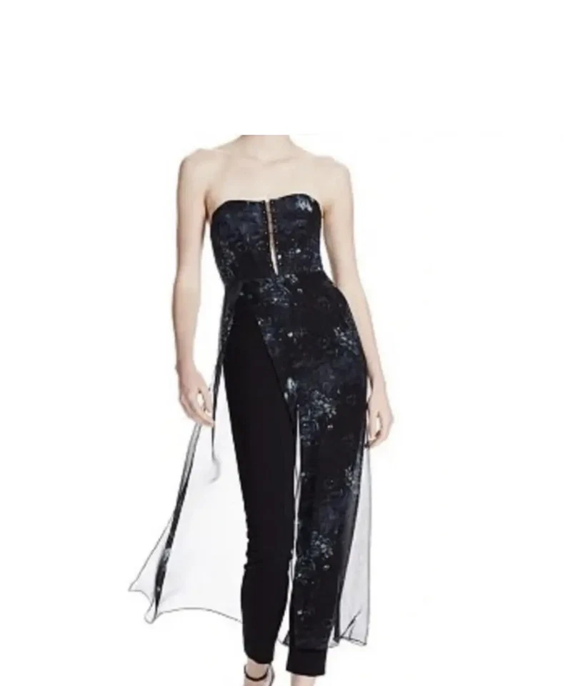 Haute Hippie SIZE 0 Black Strapless Jumpsuit Silk Chiffon Maxi Bustier Corset - Image 2 of 4