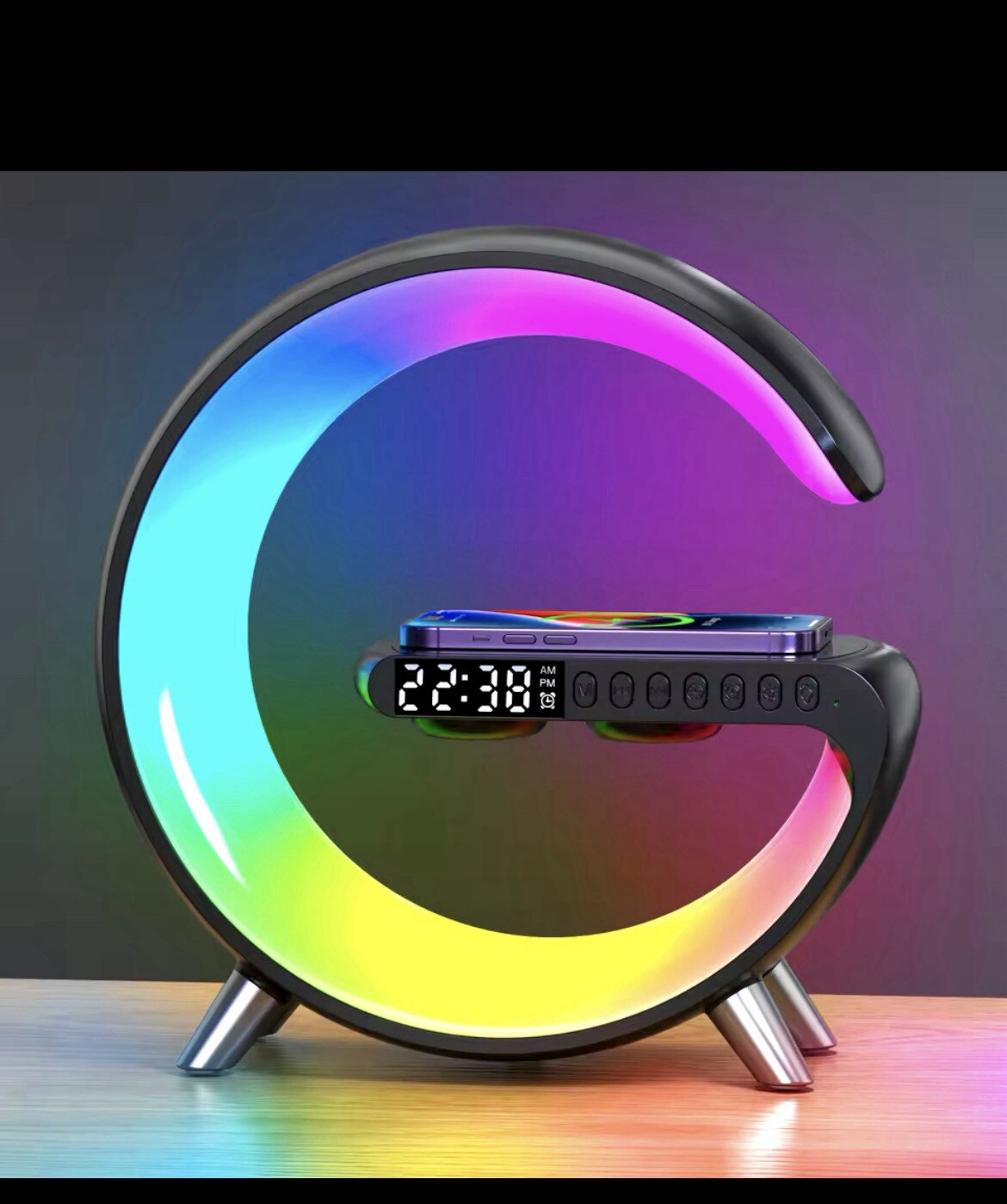 9”Wireless Charger Stand - Alarm Clock, Bluetooth Speaker, RGB Lamp, Fast Charge