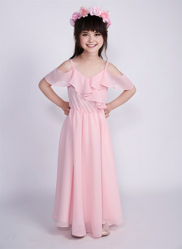 Stappy Flower Girls Dress Pink Off-Shoulders Long Chiffon Party Dress 4-14 Years - Picture 2 of 10