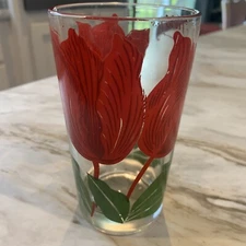 Vintage Boscul Peanut Butter Glass Tumbler Flower Red Tulips 5”