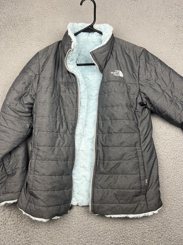 The North Face Jacket Girls XL Reversible Mossbud Fleece Gray Blue Winter Puffer - Picture 2 of 21