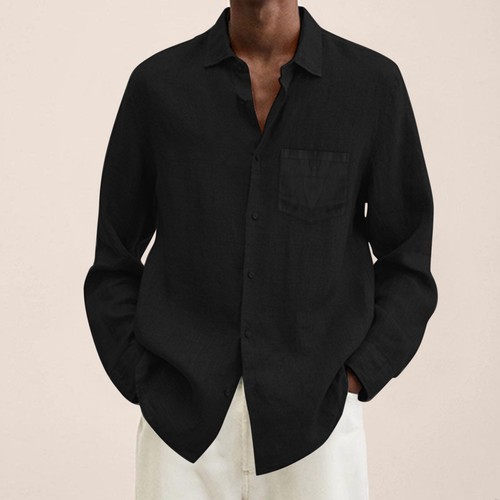 Mens Long Sleeve Linen Shirt Casual Baggy Button-up Plain Hawaiian Tops Blouse - Picture 28 of 60