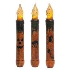 NEW PRIMITIVE HALLOWEEN LED TIMER Taper Candles 3pcs 6 3/4" Cats Spiders JOL
