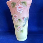 Hand Painted Glass Vase Pink/Green Floral Hummingbird Signed S. Hart Decorative