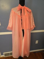 Vtg 50s Coral Sheer Nylon Hollywood Glam Peignoir Dressing Robe w Scarf Size 14