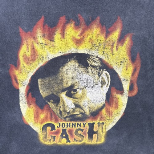 Vintage Johnny Cash Shirt Mens XL Black 90s Country Rock Music Flames Faded - Picture 2 of 7