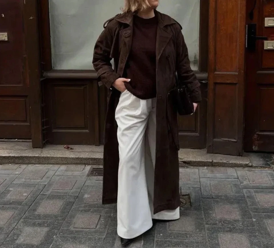 Женщин коричневый замши длинное пальто двубортный Fallout кроличьего Тренч - Изображение 3 из 4